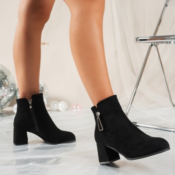 Γυναικεία σουέτ μποτάκια με κέντημα στρας, στρογγυλή μύτη, φερμουάρ στο πλάι, χοντρό τακούνι