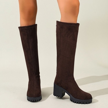 Μπότες μέχρι το γόνατο με φαρδύ τακούνι, suede επάνω μέρος, υψηλό shaft, ιππασίας στυλ, κορεατικό στυλ, για γυναίκες