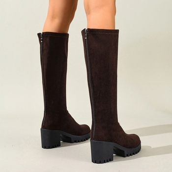 Μπότες μέχρι το γόνατο με φαρδύ τακούνι, suede επάνω μέρος, υψηλό shaft, ιππασίας στυλ, κορεατικό στυλ, για γυναίκες