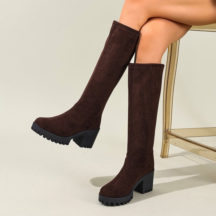 Μπότες μέχρι το γόνατο με φαρδύ τακούνι, suede επάνω μέρος, υψηλό shaft, ιππασίας στυλ, κορεατικό στυλ, για γυναίκες