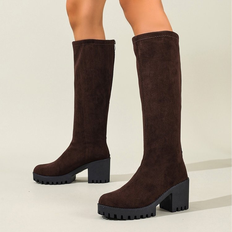 Μπότες μέχρι το γόνατο με φαρδύ τακούνι, suede επάνω μέρος, υψηλό shaft, ιππασίας στυλ, κορεατικό στυλ, για γυναίκες