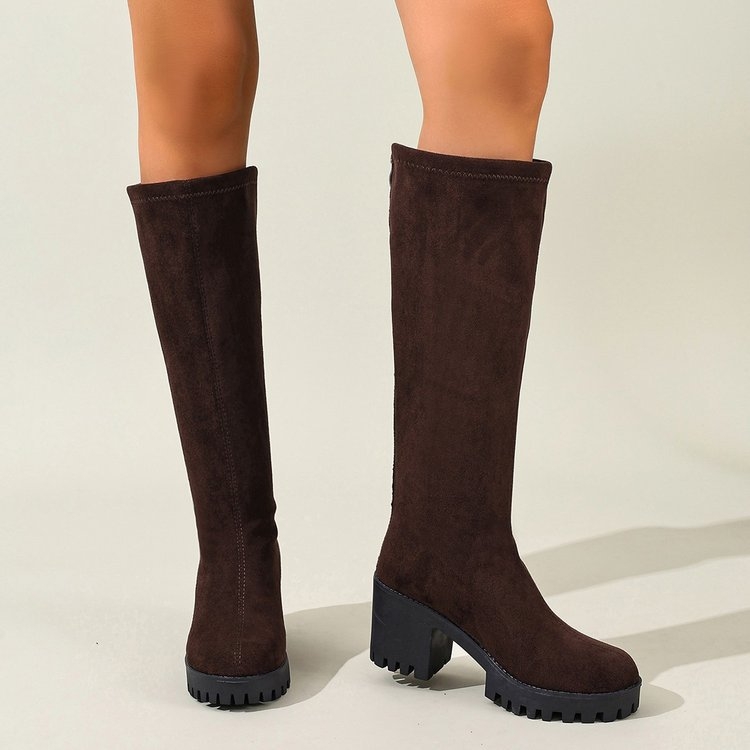 Μπότες μέχρι το γόνατο με φαρδύ τακούνι, suede επάνω μέρος, υψηλό shaft, ιππασίας στυλ, κορεατικό στυλ, για γυναίκες