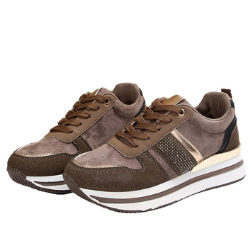 Pantofi sport dama cu talpă groasă, partea superioară din velur, decor metalic cu cristale, toc înclinant 3-5 cm, închidere cu șireturi