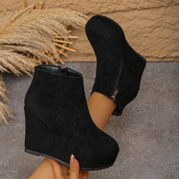 Γυναικείες μπότες σουέδ με στρογγυλή μύτη, κοντό ύψος, υπερυψωμένο τακούνι, ευρωπαϊκό στυλ