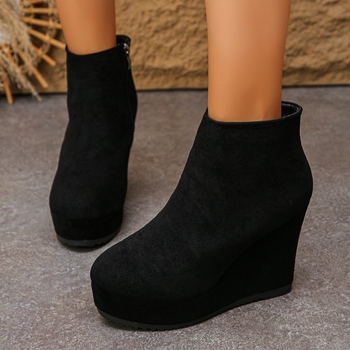 Γυναικείες μπότες σουέδ με στρογγυλή μύτη, κοντό ύψος, υπερυψωμένο τακούνι, ευρωπαϊκό στυλ