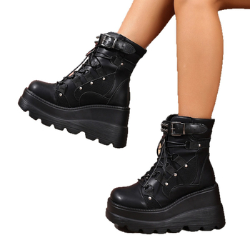 Ghete dama Martens-stil, până la gambe, Gothic European-American stil, toc 6–8 cm, PU partea superioară și talpa, căptușeală fleece, închidere Pull-On