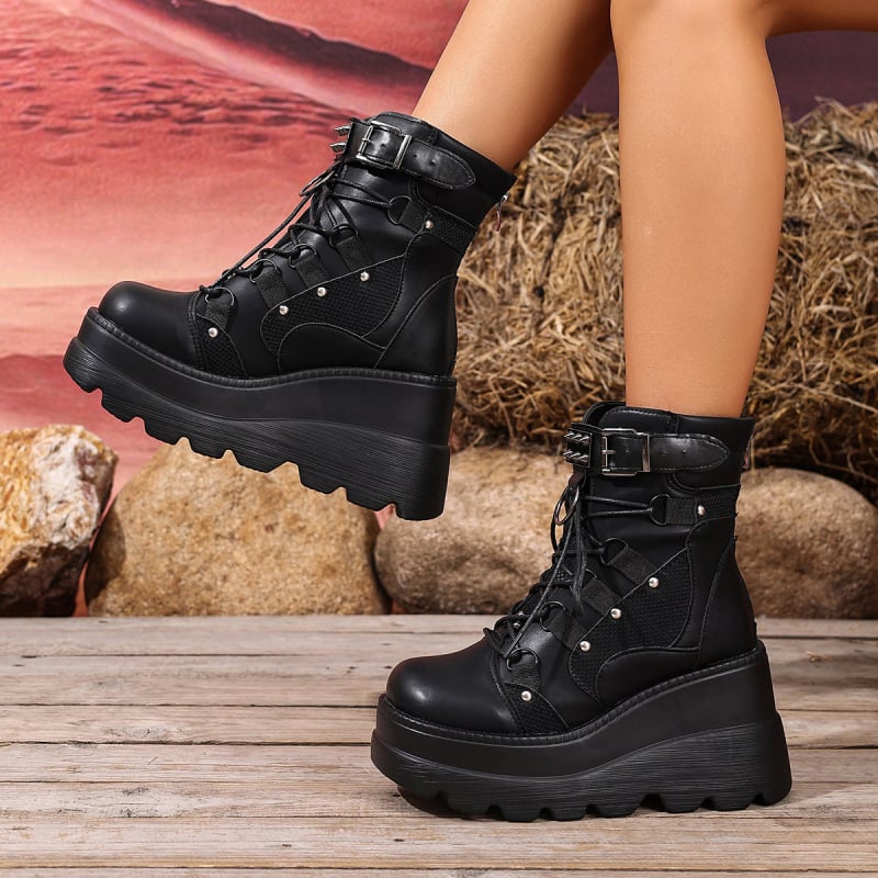 Ghete dama Martens-stil, până la gambe, Gothic European-American stil, toc 6–8 cm, PU partea superioară și talpa, căptușeală fleece, închidere Pull-On