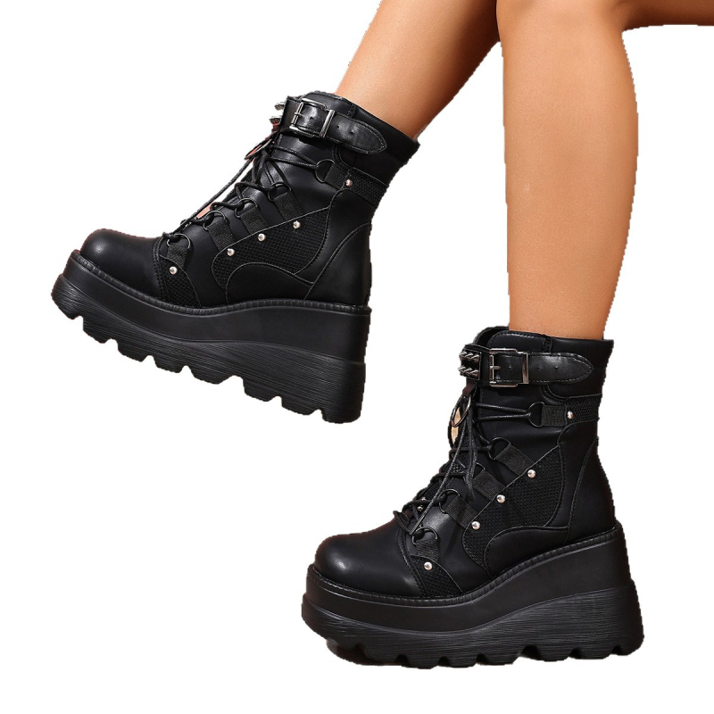 Ghete dama Martens-stil, până la gambe, Gothic European-American stil, toc 6–8 cm, PU partea superioară și talpa, căptușeală fleece, închidere Pull-On