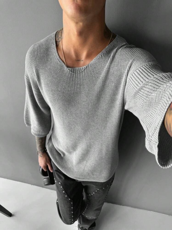 Pulover tricotat – respirabil din amestec de bumbac, croială relaxată, mâneci scurte, fără guler