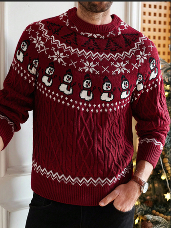 Акрилен пуловер, ретро стил, кръгло деколте, дълги ръкави, кабелна плетка със снежен човек мотив