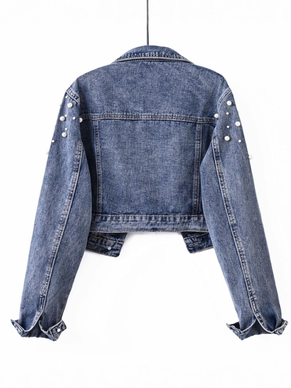 Jachetă denim pentru femei, croială slim, lungime scurtă, guler rever, 95% bumbac