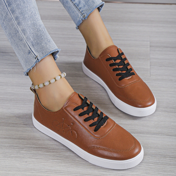 Pantofi sport pentru femei, suprafață PU, vârf rotund, gleznă joasă, șireturi, talpă din cauciuc