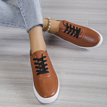 Γυναικεία παπούτσια PU με χαμηλό ύψος, στρογγυλή μύτη, κορδόνια, καουτσούκ σόλα