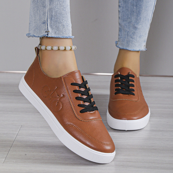 Γυναικεία παπούτσια PU με χαμηλό ύψος, στρογγυλή μύτη, κορδόνια, καουτσούκ σόλα