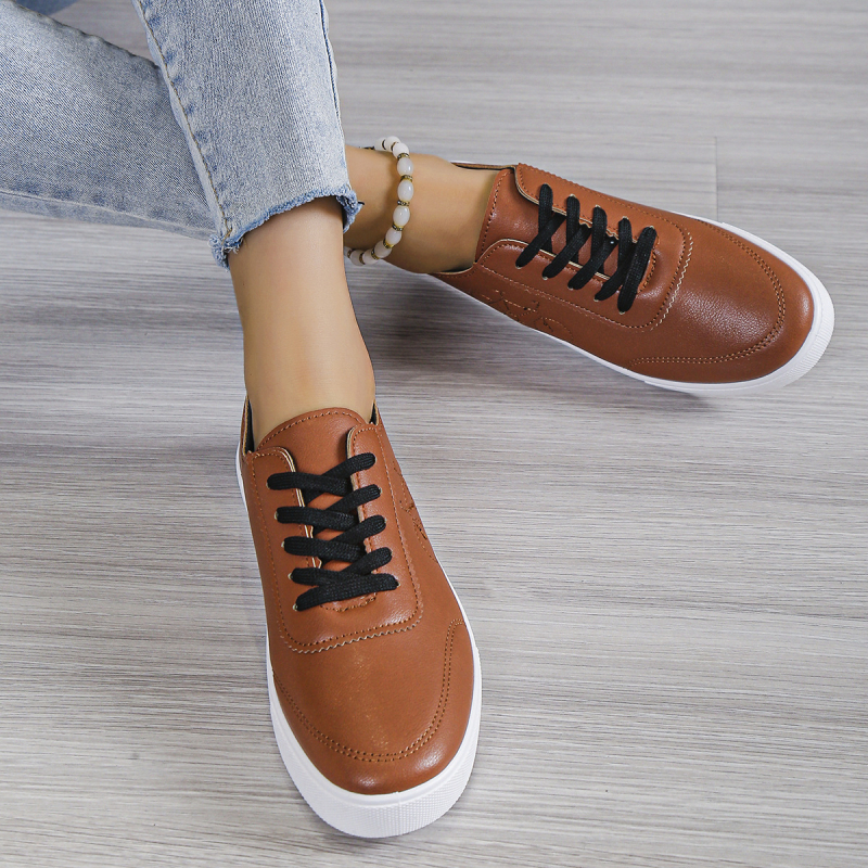 Pantofi sport pentru femei, suprafață PU, vârf rotund, gleznă joasă, șireturi, talpă din cauciuc