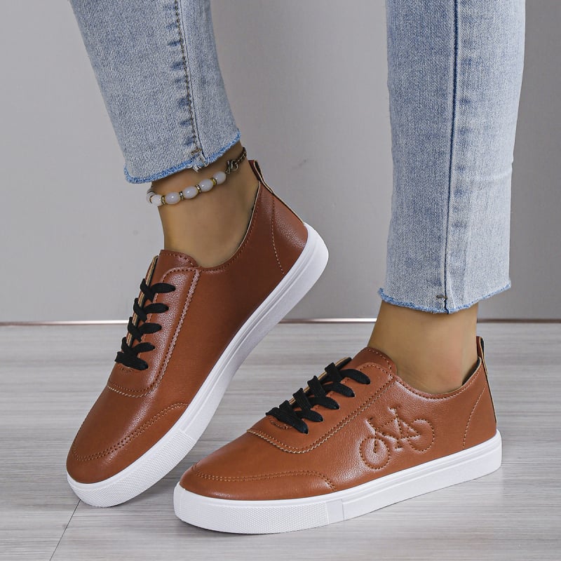 Pantofi sport pentru femei, suprafață PU, vârf rotund, gleznă joasă, șireturi, talpă din cauciuc