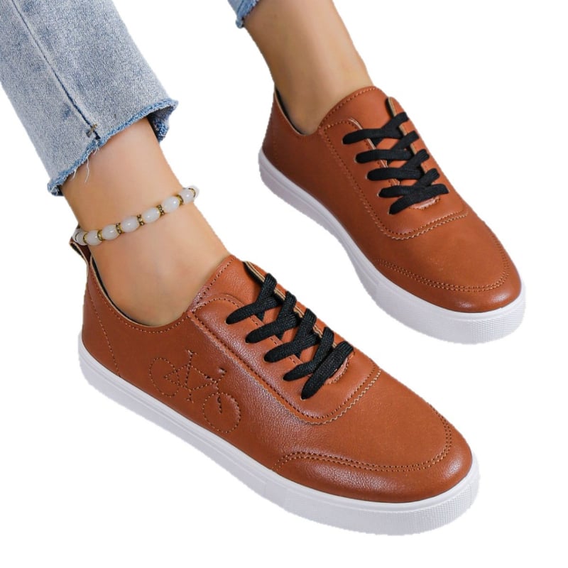 Pantofi sport pentru femei, suprafață PU, vârf rotund, gleznă joasă, șireturi, talpă din cauciuc