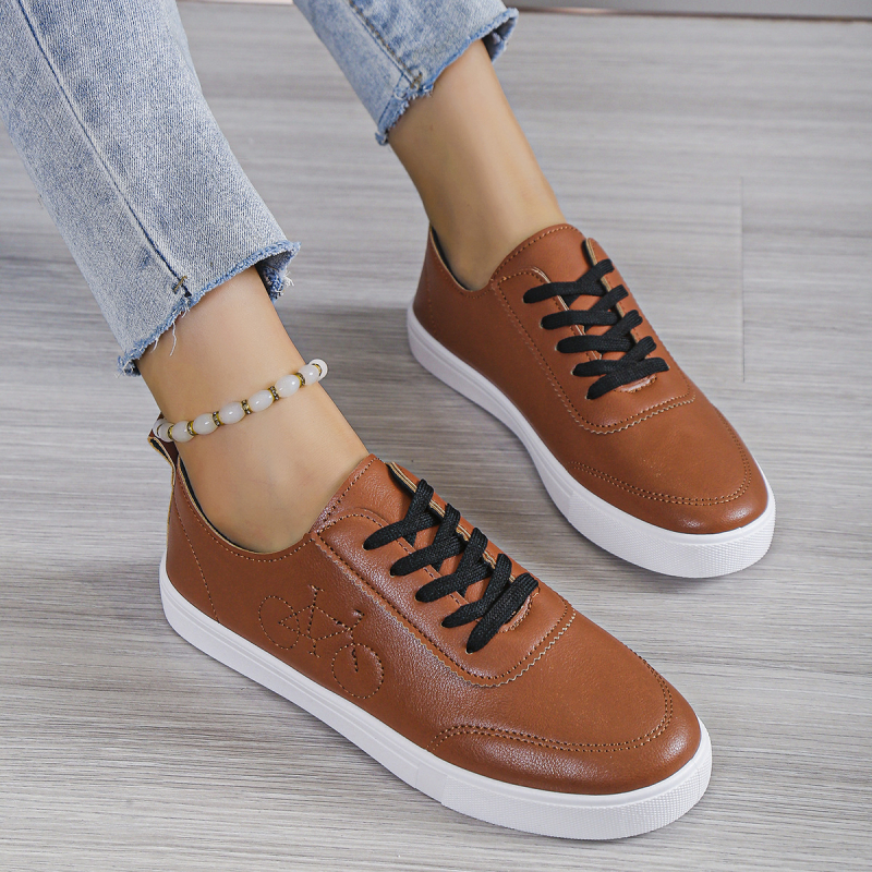 Pantofi sport pentru femei, suprafață PU, vârf rotund, gleznă joasă, șireturi, talpă din cauciuc