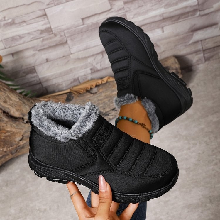 Ziemas kokvilnas kurpes ar mākslīgu PU augšpusi, vidējā potītes augstums, iekšējā oderē no mākslīgās kažokādas, slip-on, gumijas zole