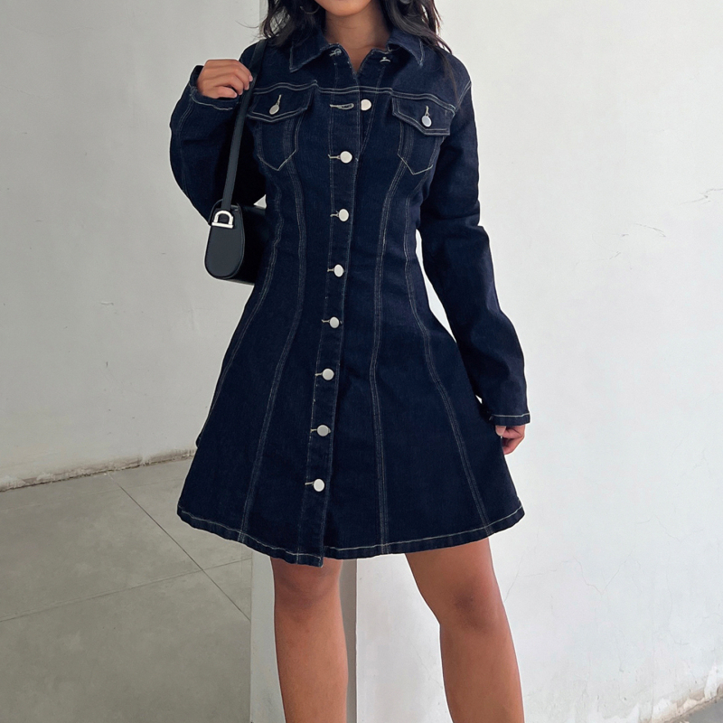 Rochie din denim cu decolteu pe un umăr, siluetă A, mâneci lungi, talie medie