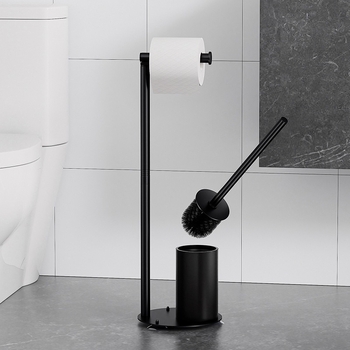 Nesudėtingas stovintis popieriaus laikiklis su tualeto šepetėliu, kvadratinė forma, iš anglies plieno, purškiama danga, šiuolaikinis minimalistinis stilius.