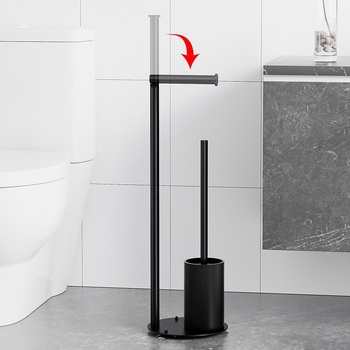 Nesudėtingas stovintis popieriaus laikiklis su tualeto šepetėliu, kvadratinė forma, iš anglies plieno, purškiama danga, šiuolaikinis minimalistinis stilius.