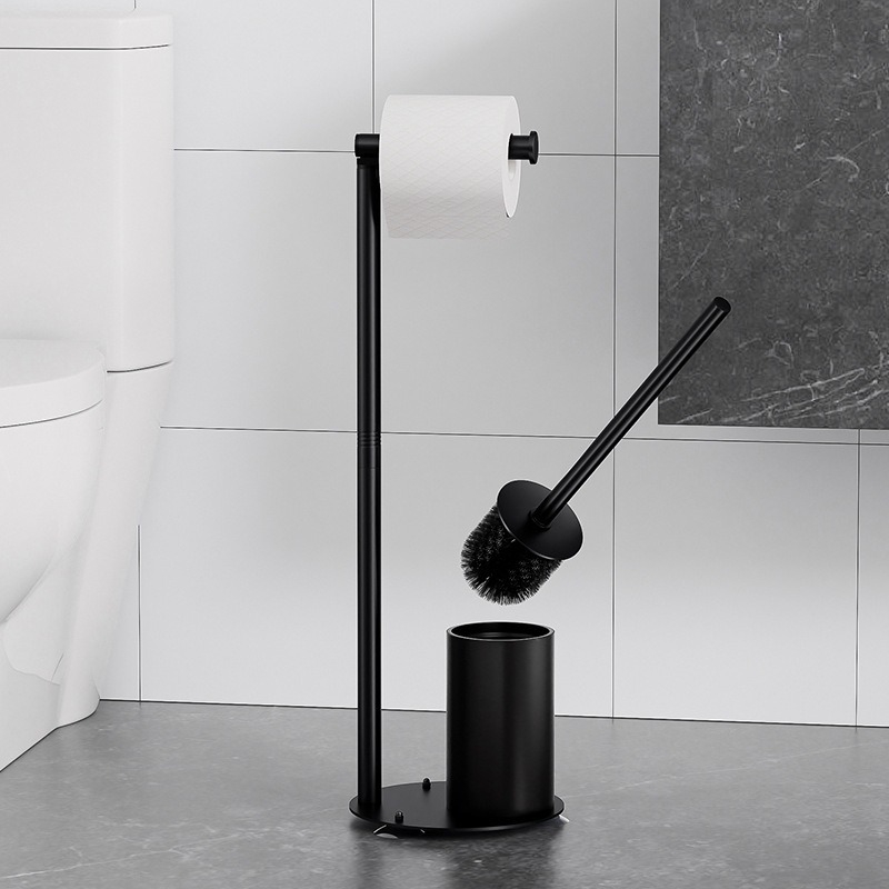 Nesudėtingas stovintis popieriaus laikiklis su tualeto šepetėliu, kvadratinė forma, iš anglies plieno, purškiama danga, šiuolaikinis minimalistinis stilius.