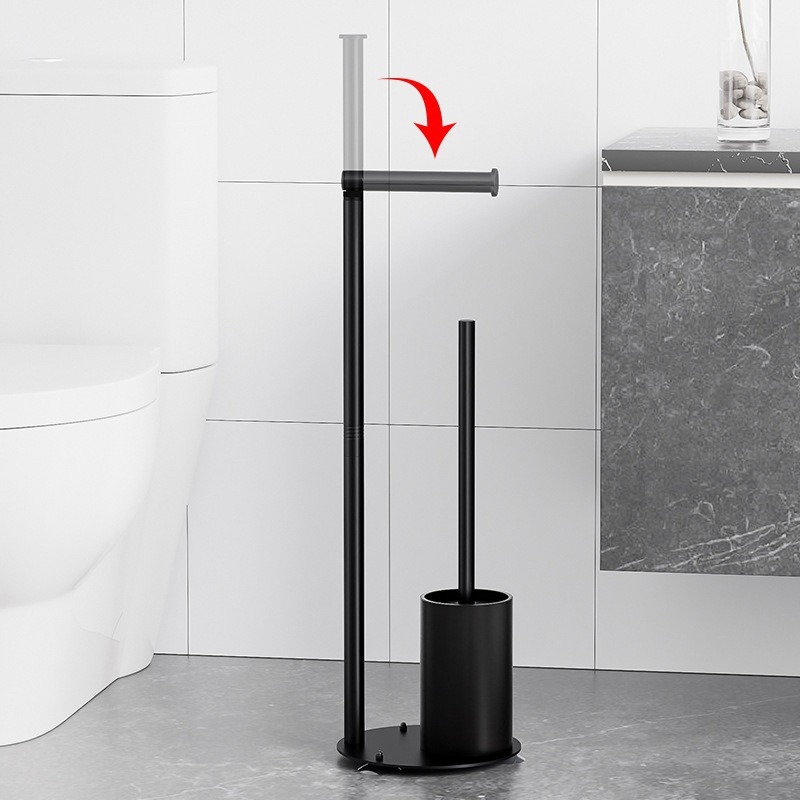 Nesudėtingas stovintis popieriaus laikiklis su tualeto šepetėliu, kvadratinė forma, iš anglies plieno, purškiama danga, šiuolaikinis minimalistinis stilius.