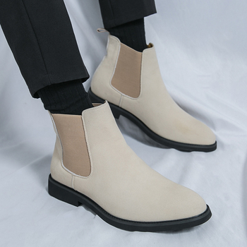 Vyriniai odiniai Chelsea batai – velūro viršus, gumos pada, aukštas vamzdelis, slip-on, apvalus pirštas