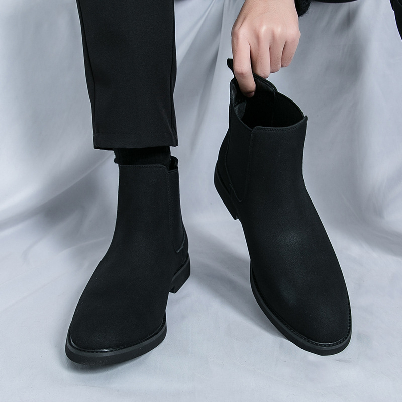 Vyriniai odiniai Chelsea batai – velūro viršus, gumos pada, aukštas vamzdelis, slip-on, apvalus pirštas