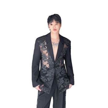 Мъжки костюм сет — жакардов патчворк мрежа, слим сако с Notched Lapel, закопчаване с две копчета, прави панталони, пролет 2025