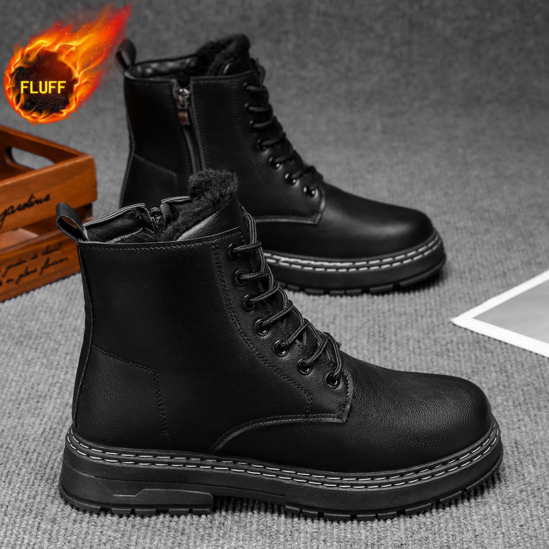 Vyriskos motociklo batelius su PU viršutine dalimi, dirbtiniu trumpu pūku įdaila, vidutinio ilgio blauzda, EVA padas, atsparūs vandeniui ir šilti