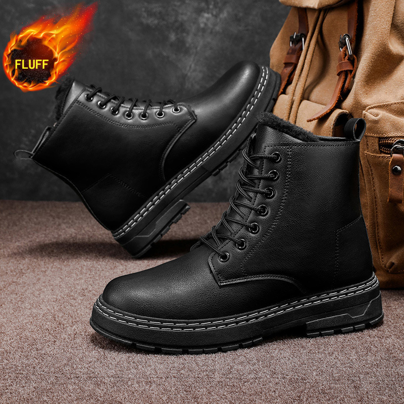 Vyriskos motociklo batelius su PU viršutine dalimi, dirbtiniu trumpu pūku įdaila, vidutinio ilgio blauzda, EVA padas, atsparūs vandeniui ir šilti