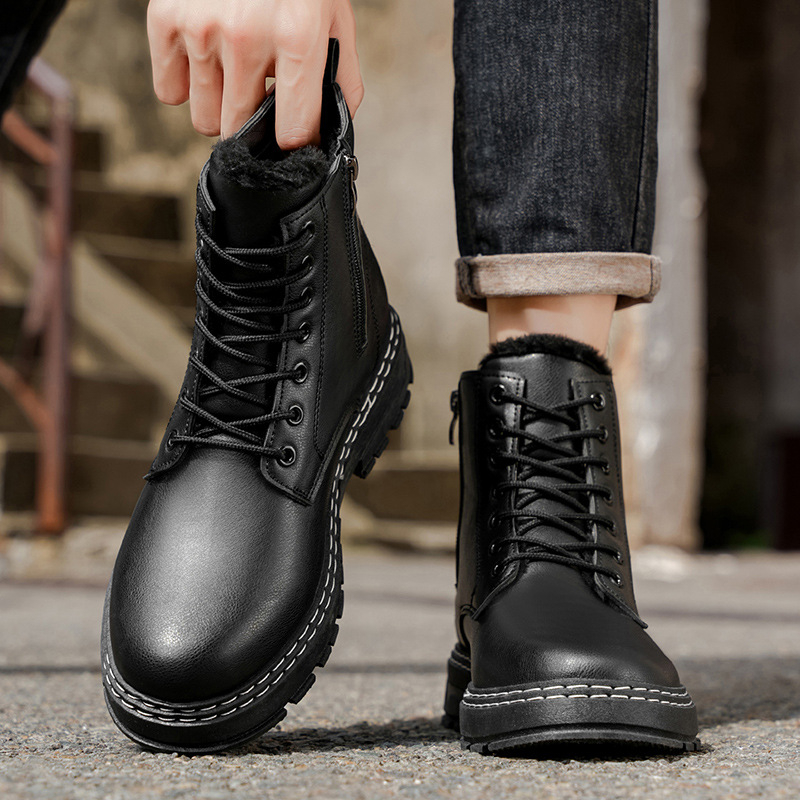 Vyriskos motociklo batelius su PU viršutine dalimi, dirbtiniu trumpu pūku įdaila, vidutinio ilgio blauzda, EVA padas, atsparūs vandeniui ir šilti