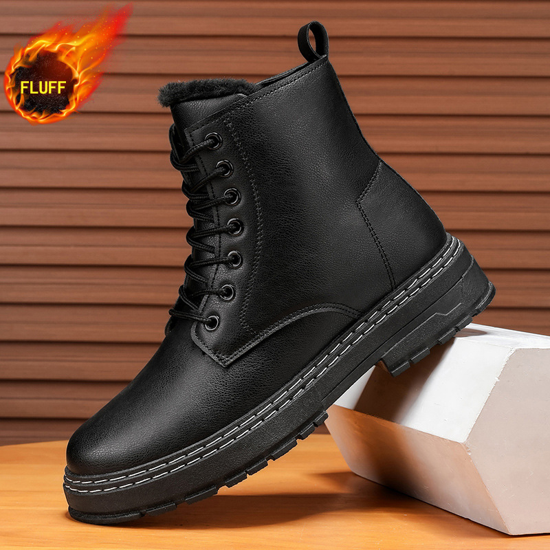 Vyriskos motociklo batelius su PU viršutine dalimi, dirbtiniu trumpu pūku įdaila, vidutinio ilgio blauzda, EVA padas, atsparūs vandeniui ir šilti