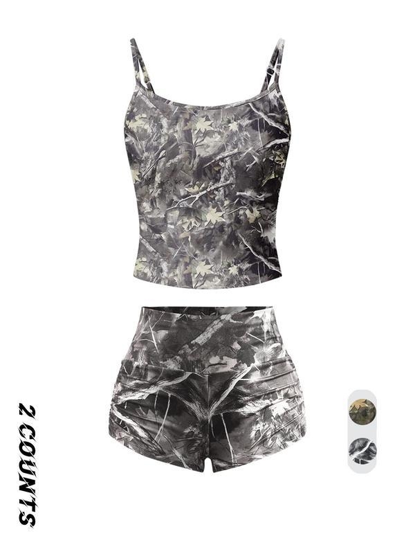 Sieviešu kamuflāžas printa tops un šorti komplekts | Half Fleece audums, German Velvet maisījums, galvenā auduma saturs zem 30%, 2025. gada pavasara izlase