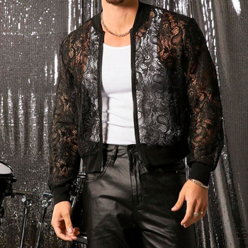 Geacă din dantelă decupată, detaliu fermoar, guler înalt, croială slim, respirabil