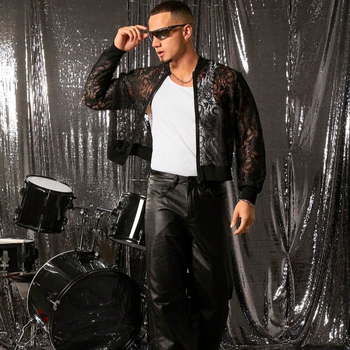 Geacă din dantelă decupată, detaliu fermoar, guler înalt, croială slim, respirabil