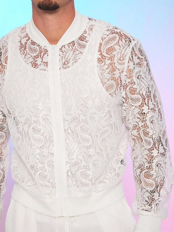 Geacă din dantelă decupată, detaliu fermoar, guler înalt, croială slim, respirabil