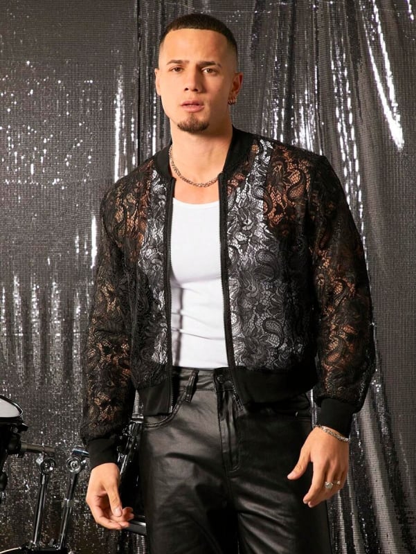 Geacă din dantelă decupată, detaliu fermoar, guler înalt, croială slim, respirabil