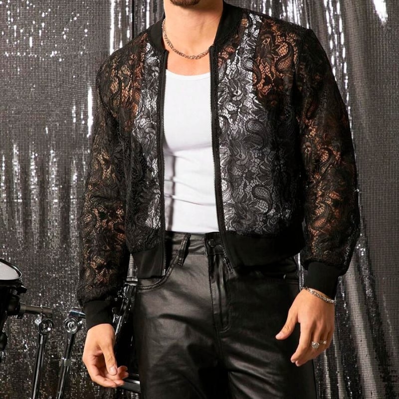 Geacă din dantelă decupată, detaliu fermoar, guler înalt, croială slim, respirabil