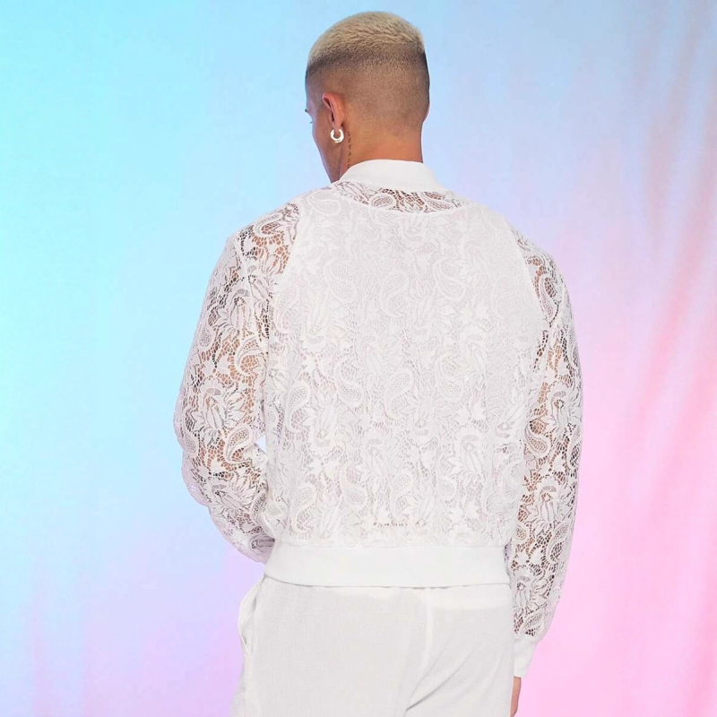 Geacă din dantelă decupată, detaliu fermoar, guler înalt, croială slim, respirabil