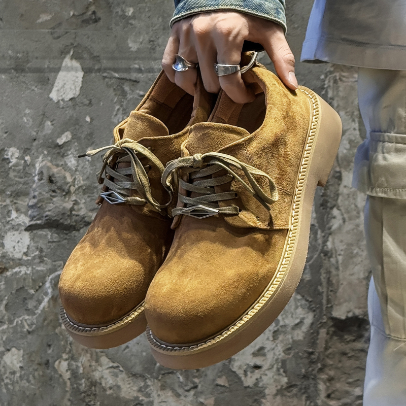 Vyriniai derby batai su storesne padu aukščiui didinti, nubuko viršus, guminė padas, korėjietiško stiliaus kasdieniniai odiniai batai – 2522-K