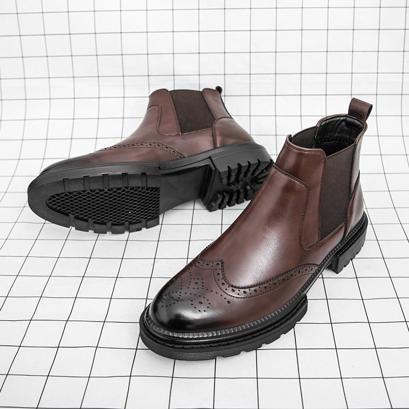 Muške Chelsea čizme, kožni gornji dio, gumeni potplat, visok gornji dio, vezanje, okrugli nos