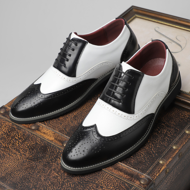 Muške kožne brogice s patchwork dizajnom, poslovni stil (PU Upper, Leather Toe Cap, Pointed Toe, Slip-on)