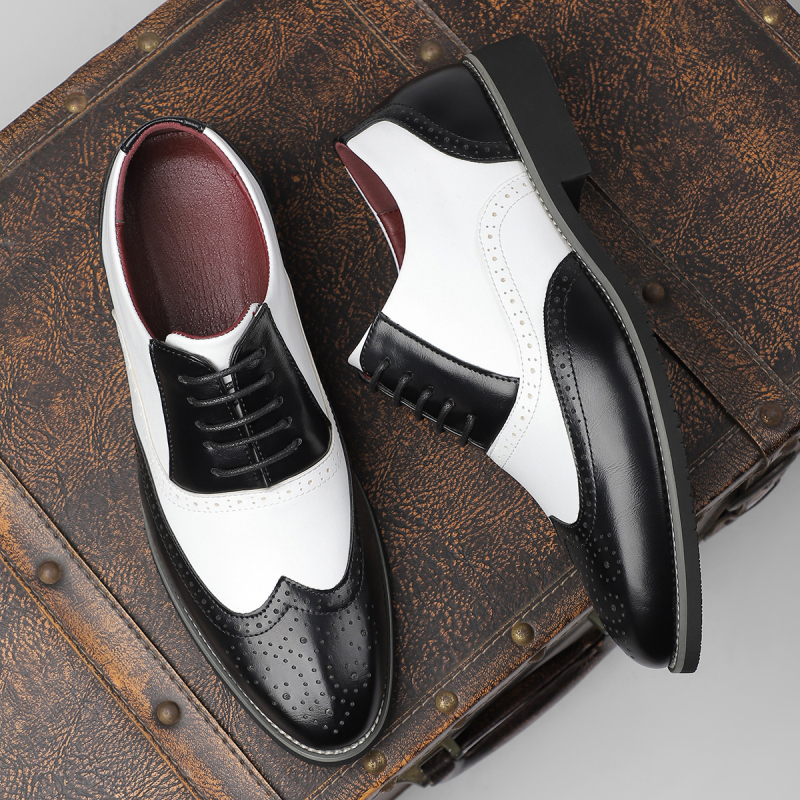 Muške kožne brogice s patchwork dizajnom, poslovni stil (PU Upper, Leather Toe Cap, Pointed Toe, Slip-on)