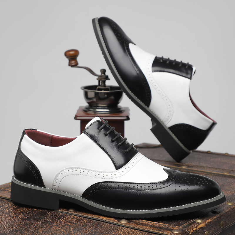 Muške kožne brogice s patchwork dizajnom, poslovni stil (PU Upper, Leather Toe Cap, Pointed Toe, Slip-on)