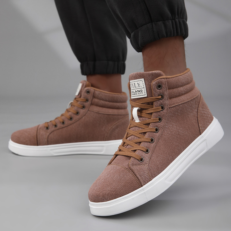 Adidași sneakers cu partea superioară din denim, înalte, pentru creșterea înălțimii, închidere cu șireturi, toc 1–3 cm