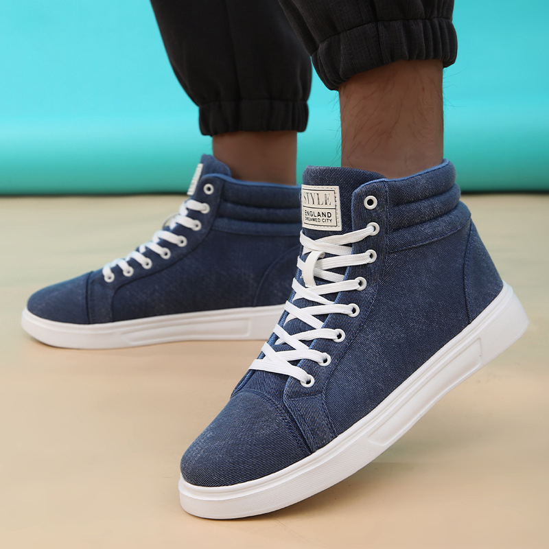 Adidași sneakers cu partea superioară din denim, înalte, pentru creșterea înălțimii, închidere cu șireturi, toc 1–3 cm