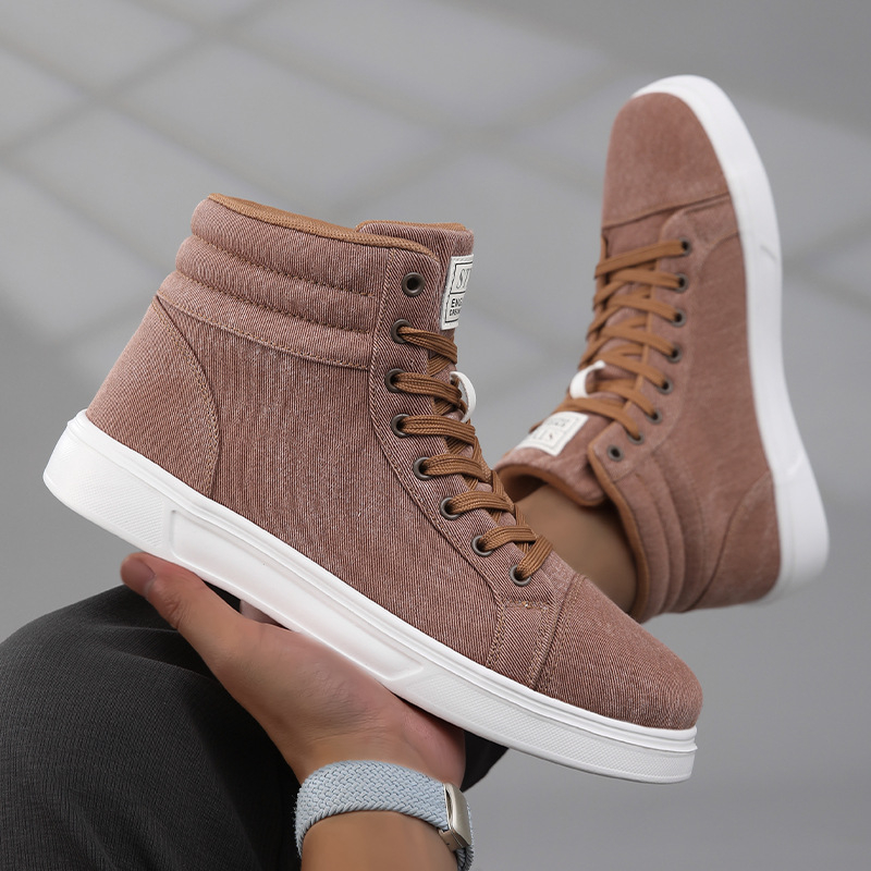 Adidași sneakers cu partea superioară din denim, înalte, pentru creșterea înălțimii, închidere cu șireturi, toc 1–3 cm